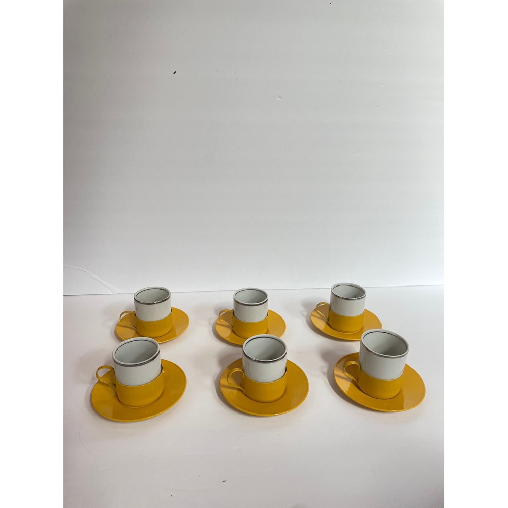 Vintage MCM Porcelana Veracruz Brazil Espresso Set 6 Yellow Metal Saucers Cups